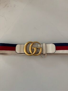Gucci Cream Leather Belt with Red & Navy Web Stripe and Gold GG Buckle